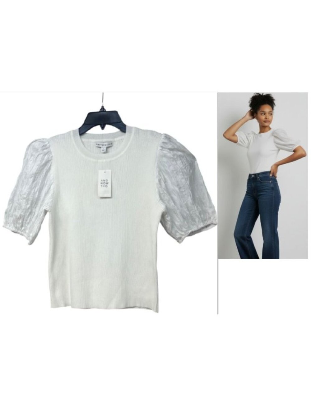 And Now This Mixed Media Puff Sleeve, Ribbed Crew Neck Top, White, Sz. L
